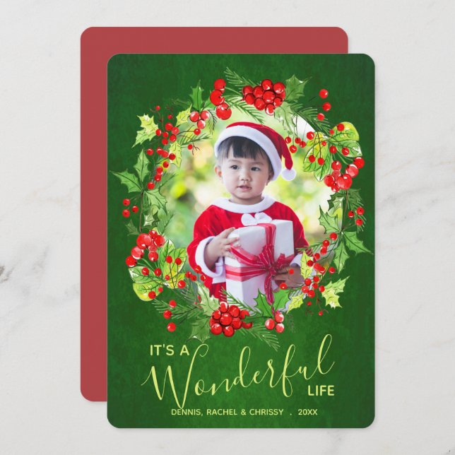 Cartão De Festividades Foto de Natal Holly Wreath (Frente/Verso)