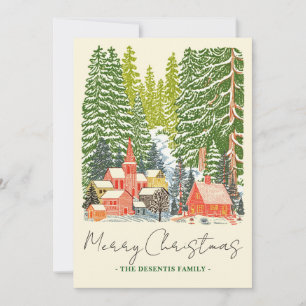 Cartão De Festividades Foto de Natal Linocut, Cidade da Montanha Exterior