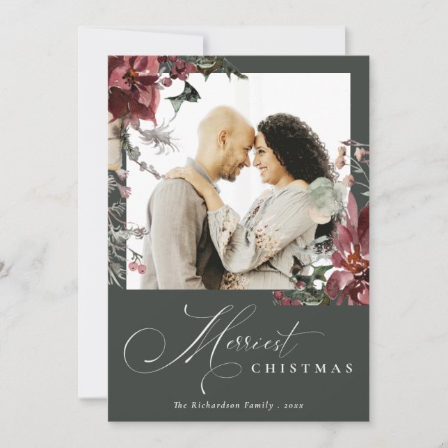 Cartão De Festividades Foto de Natal mais Alegre Flor de Poinsettia Escur (Frente)