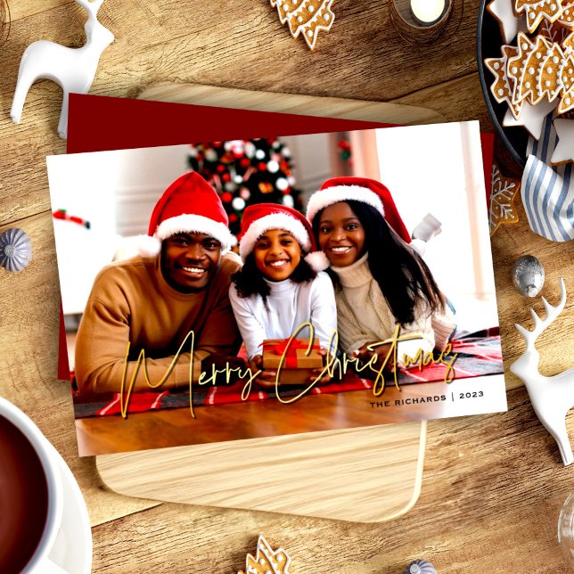 Cartão De Festividades Foto de Natal Mínima Dourada e Vermelha (Criador carregado)
