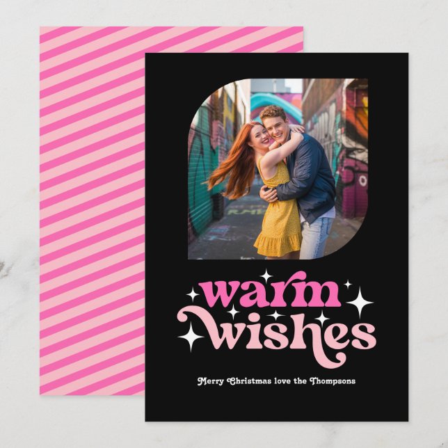 Cartão De Festividades Foto de Natal Moderna e Retro Rosa e Rosa Vibrante (Frente/Verso)