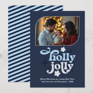 Cartão De Festividades Foto de Natal Moderna em Azul Geada da Meia-Noite