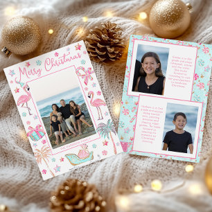 Cartão De Festividades Foto de Natal na Praia com Flamingo Rosa e Aquamar