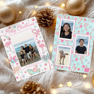 Cartão De Festividades Foto de Natal Pink & Aqua Flamingo Beach