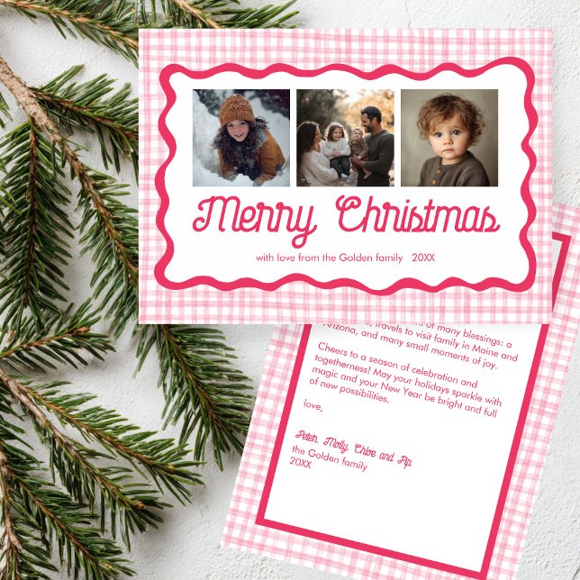 Cartão De Festividades Foto de Natal Pink de Gingham Wavy 3 (Gingham Wavy Pink Christmas Custom 3 Photo Holiday Card
)