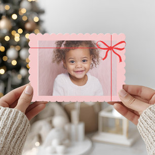 Cartão De Festividades Foto de Natal Pink Scallop com Laço Vermelho