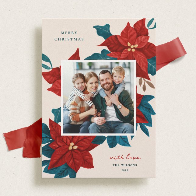Cartão De Festividades Foto de Natal Pintada de Poinsettias (Criador carregado)