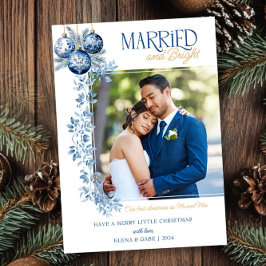 Cartão De Festividades Foto de Natal recém-casada e azul brilhante