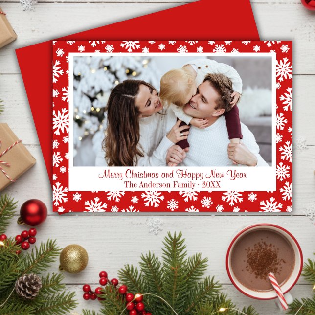 Cartão De Festividades Foto de Natal Red E White Snowflake (Red And White Snowflake Christmas Photo Holiday Card)