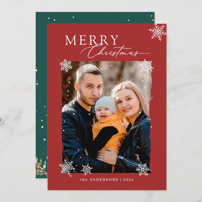 Cartão De Festividades Foto de Natal Red Green - Flocos de neve do invern (Frente/Verso)