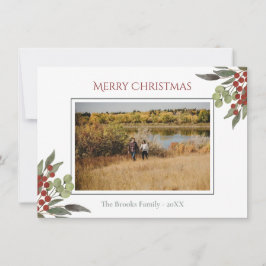 Cartão De Festividades Foto de Natal Red Holly, Script Religioso Moderno