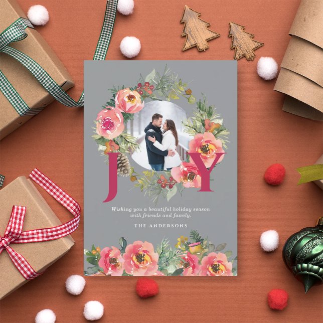 Cartão De Festividades Foto de Natal Red Joy Floral Wreath Botânica (Criador carregado)