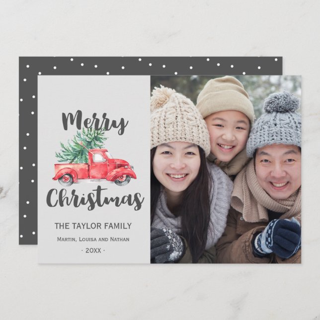 Cartão De Festividades Foto de Natal Red Truck and Tree (Frente/Verso)