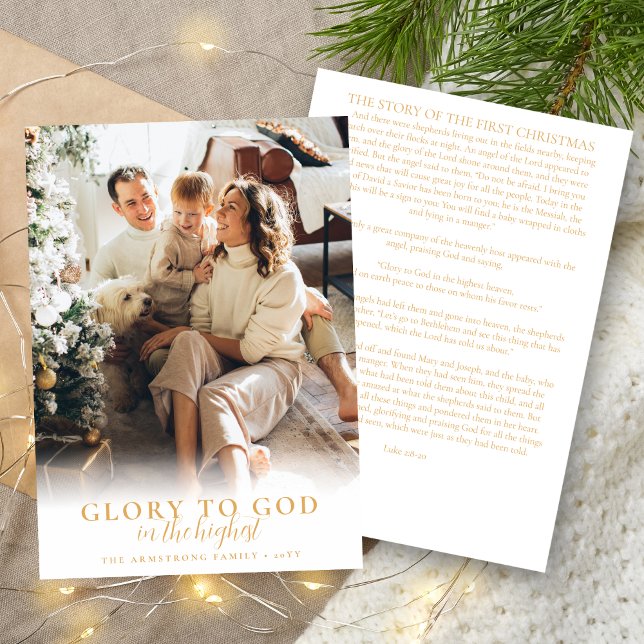 Cartão De Festividades Foto de Natal Religioso do Script Dourado Moderno (Modern religious Christmas card in gold and white with photo and story of first Christmas on back)