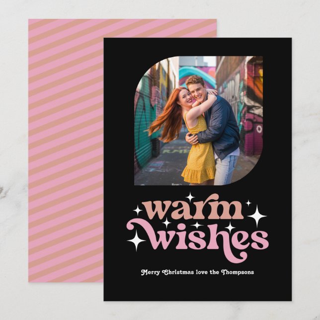 Cartão De Festividades Foto de Natal Retro em Rosa Bege e Rosa Blush (Frente/Verso)