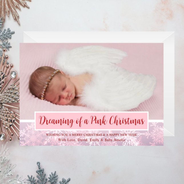 Cartão De Festividades Foto de Natal rosa Floco de Neve Primeiro Natal (Dreaming of a Pink Christmas Snowflake Photo Birth Announcement, Family Holiday Card, Cute, Girly)
