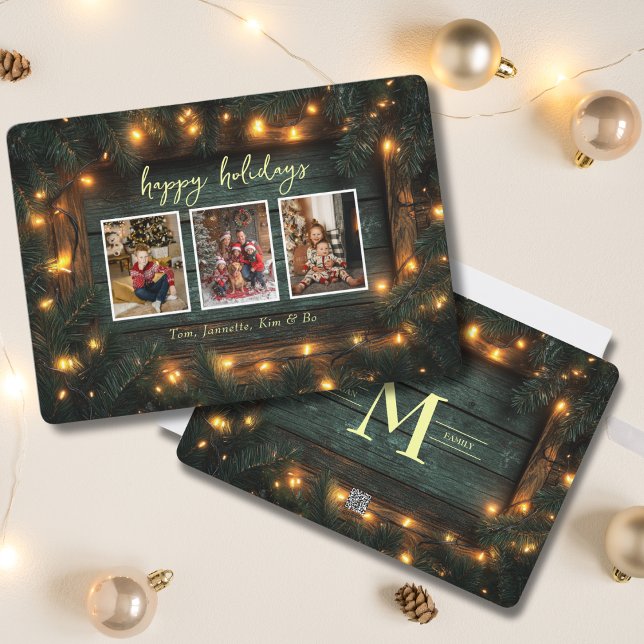 Cartão De Festividades Foto de Natal Russo Collage Pine Garland Lights (Criador carregado)