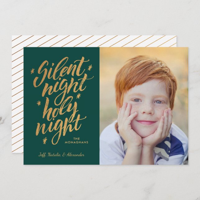 Cartão De Festividades Foto de Natal Silenciosa de Ouro Noturno Verde (Frente/Verso)
