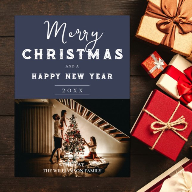 Cartão De Festividades Foto de Natal Simples | Azul (Blue Simple Christmas Photo Holiday Card)