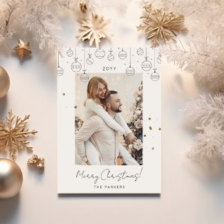Cartão De Festividades Foto de Natal sobre Ornamentos de Cinzas Douradas 