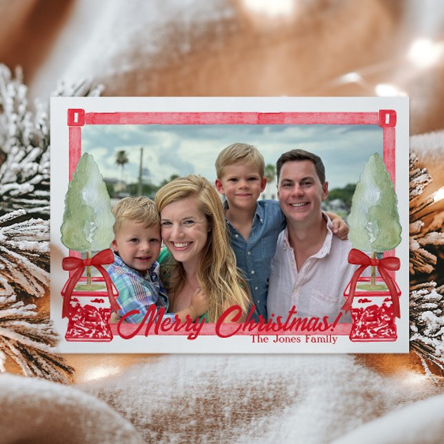 Cartão De Festividades Foto de Natal Topiary da Chinoiserie Vermelha e Br (Criador carregado)