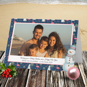 Cartão De Festividades Foto de Natal Tropical com Flamingo Rosa e Palmeir