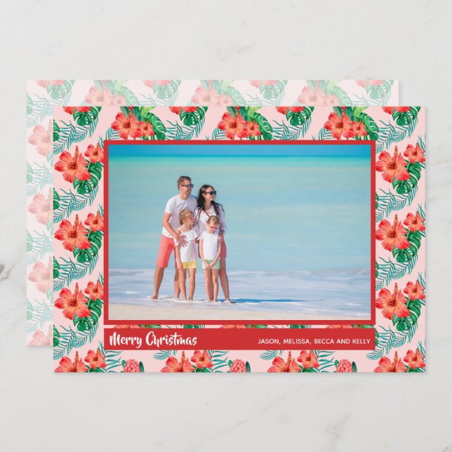Cartão De Festividades Foto de Natal Tropical Floral (Frente/Verso)