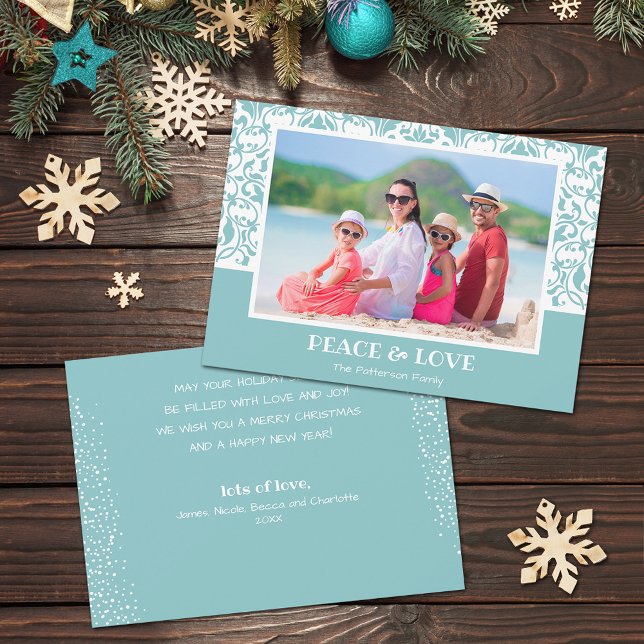 Cartão De Festividades Foto de Natal Turquesa e Damasco Branco (Turquoise and white damask design Christmas photo holiday cards, PRINTED and/or INSTANT DOWNLOAD)