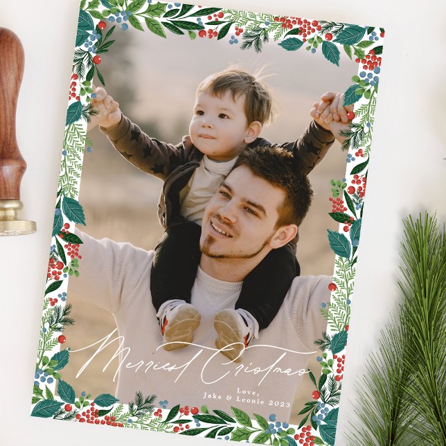 Cartão De Festividades foto de natal verde clássico de morango festivo (Criador carregado)