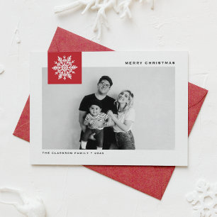 Cartão De Festividades Foto de Natal Vermelho com Floco de Neve Caprichos