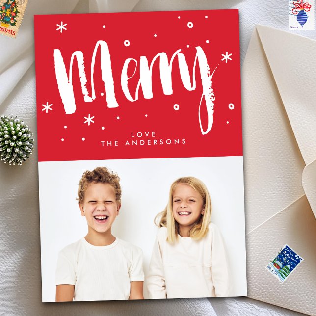 Cartão De Festividades Foto de Natal Vermelho com Letra Retroativa Modern (Criador carregado)