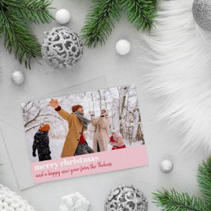 Cartão De Festividades Foto de Natal Vermelho Cor-de-Rosa Moderno e Feliz