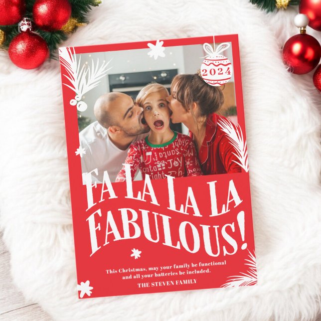 Cartão De Festividades Foto de Natal Vermelho Fabulosa Fa La La La Fabulo (Funny Fa La La La Fabulous Red Christmas photo Holiday Card)