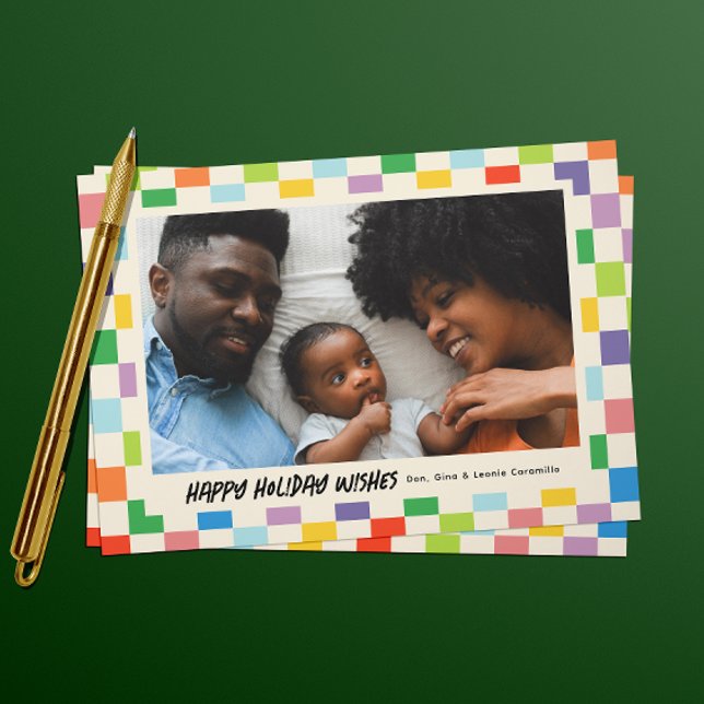 Cartão De Festividades Foto de Paisagem do Quadro de Verificação Colorida (colorful checkerboard patterned landscape one photo holiday card)