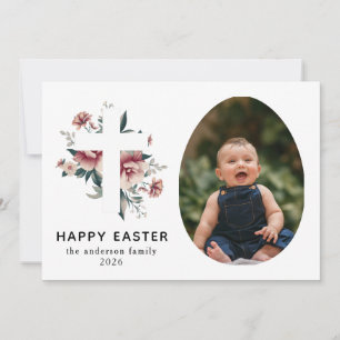 Cartão De Festividades Foto de Páscoa Feliz Floral e Cruz Moderna e Elega