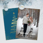 Cartão De Festividades Foto de paz e amor Dourada azul de inverno<br><div class="desc">Cartão de Férias de Inverno Azul Dourado para a Paz e o Amor</div>
