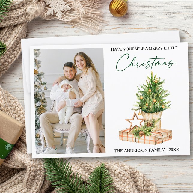 Cartão De Festividades Foto de pinheiro de aquarela com caligrafia (Customize to change your personalized text size or text style)