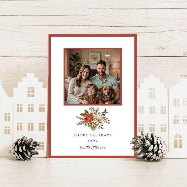 Cartão De Festividades Foto de Poinsettia sobre Feriados Felizes Elegante (Criador carregado)