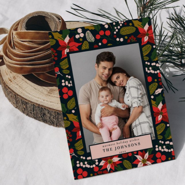 Cartão De Festividades Foto de Poinsettia Vermelha e Azul Escura Moderna (Criador carregado)