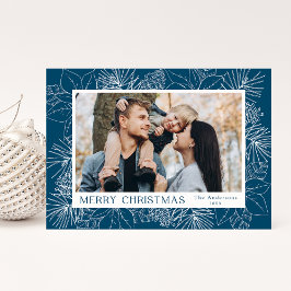 Cartão De Festividades Foto de Poinsettias Azuis Elegantes e Pine Cones