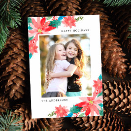 Cartão De Festividades Foto de Poinsettias de Aquarela Brilhante e Colori