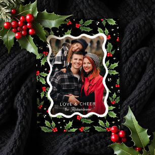 Cartão De Festividades Foto de Quadro de Onda Holly de Natal preto a negr