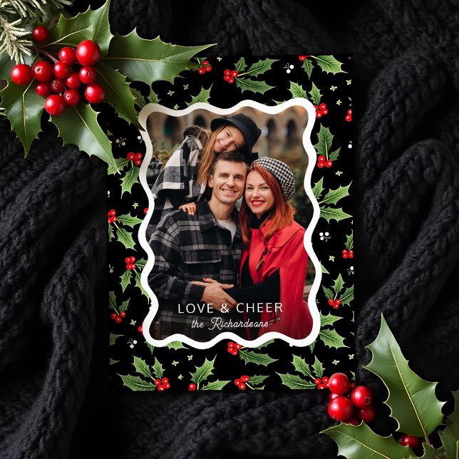 Cartão De Festividades Foto de Quadro de Onda Holly de Natal preto a negr (Criador carregado)