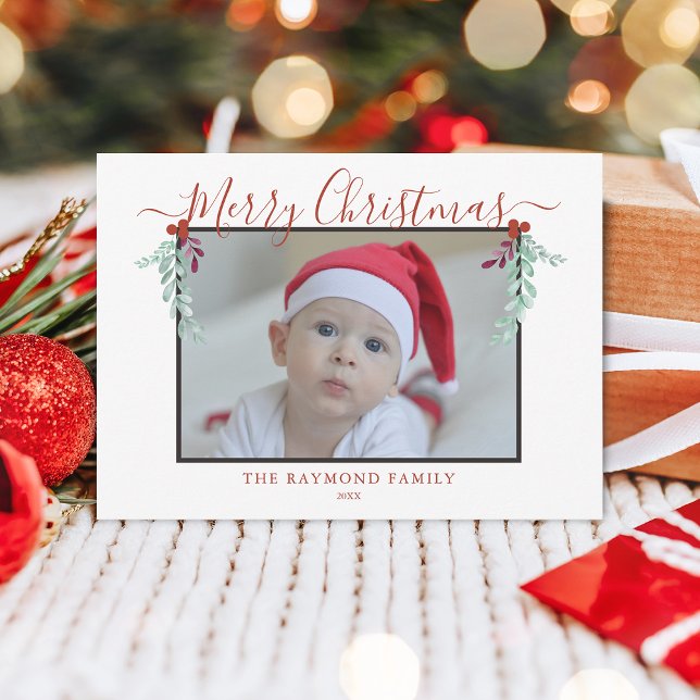 Cartão De Festividades Foto de Quadro Floral de Feliz Natal de Script Mod (Modern Script Merry Christmas Floral Frame Photo Holiday Card)