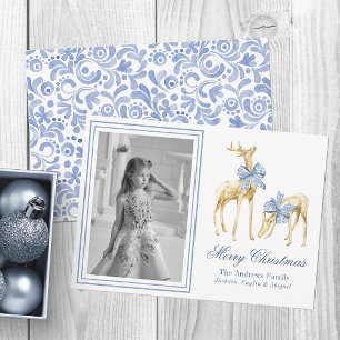 Cartão De Festividades Foto de Rena em Chinoiserie Azul Aquarela