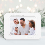 Cartão De Festividades Foto de Saudações da Estação Minimalista<br><div class="desc">Natal simples | O cartão com fotos de Férias apresenta a sua foto em um quadro em forma de tíquete com um padrão verde de inverno no verso. Para uma personalização mais avançada deste design,  clique no BOTÃO FERRAMENTA DESIGN AZUL.</div>