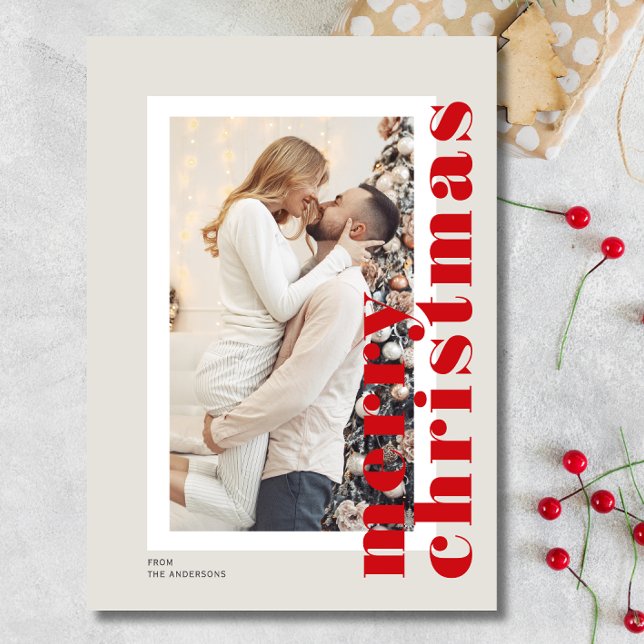 Cartão De Festividades Foto de Script de Natal Mínimo Moderno e Feliz (Minimal Modern Merry Christmas Script Photo Holiday Card)