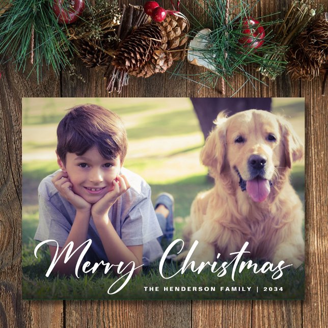 Cartão De Festividades Foto de Script Feliz de Natal (Share the love and warmth of the season with your personalized photo Christmas card)