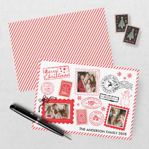 Cartão De Festividades Foto de selo postal vermelho vintage de Natal