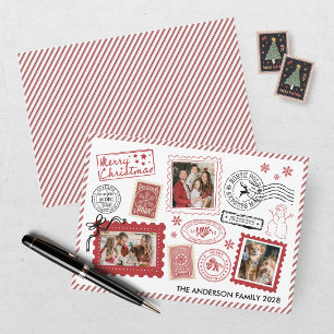 Cartão De Festividades Foto de selo postal vintage burgundy de Natal